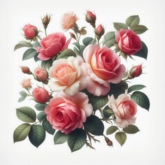 A stunning collection of pink and peach roses is beautifully arranged with green leaves, creating a fresh and vibrant floral display ideal for decoration or celebration.