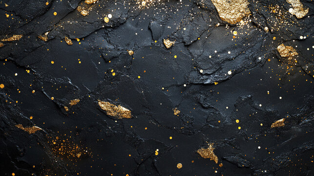 Luxurious black textured surface with scattered gold flakes and shiny metallic spots creating elegant and rich abstract background with sophisticated and glamorous feel