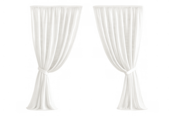 White sheer tied-back curtains enhancing interior design, creating elegant window decor on transparent background