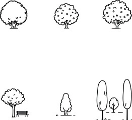 A collection of simple line drawings depicting various tree shapes and park elements on a white background
