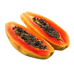 Two halves of a ripe papaya fruit isolated on transparent background