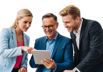 Three Business Professionals Collaborating Using a Tablet in a Modern Office Setting