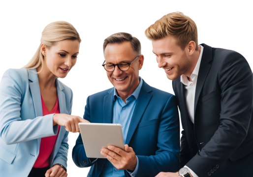 Three Business Professionals Collaborating Using a Tablet in a Modern Office Setting