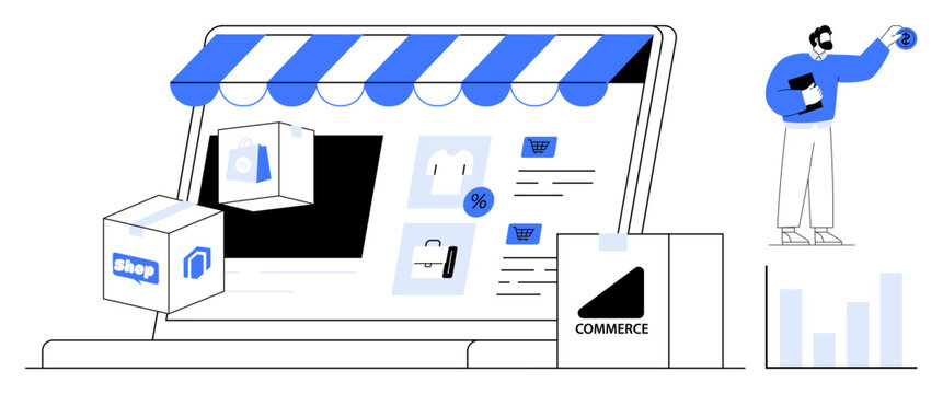 Digital storefront on a laptop screen with shopping bags, delivery boxes, statistical graph, and a buyer. Ideal for e-commerce, retail, delivery, marketing, technology business customer