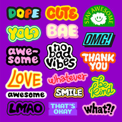 Colorful stickers with phrases like 'awesome', 'cute', 'love', 'thank you', and 'smile' Bright, fun, and playful designs on a purple background Funky stickers, vector set