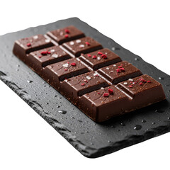 Gourmet Dark Chocolate Bar with Sea Salt and Freeze-Dried Raspberries on a Dark Slate Surface with Reflective Shadows