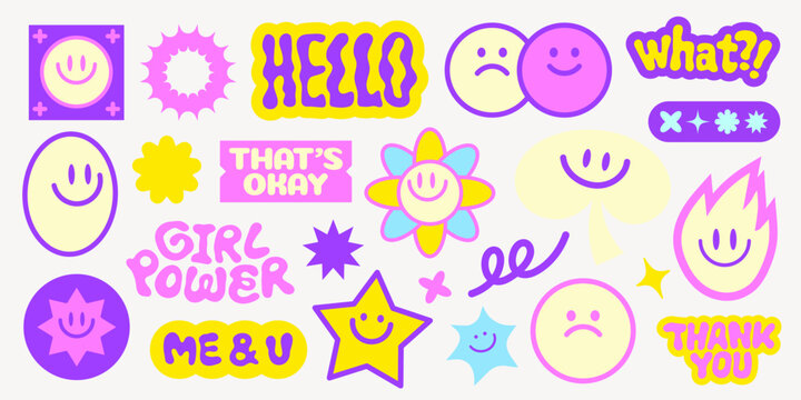 Colorful stickers with smiley faces, stars, and phrases like 'Hello' and 'Girl Power' Bright, playful design with vibrant purple and yellow accents Funky stickers, vector set