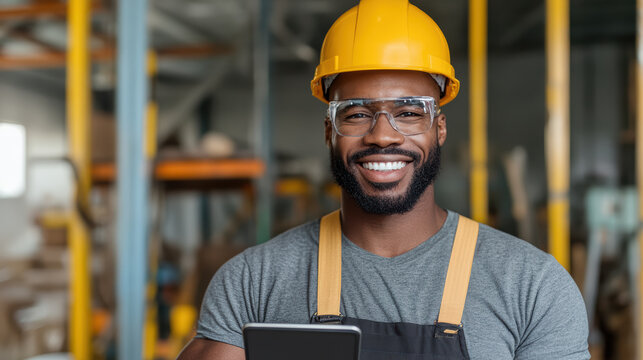 Smiling construction worker wearing hard hat and safety glasses holding tablet app in warehouse
