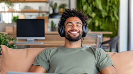 Young man relaxing on couch with noise cancelling headphones smiling peacefully