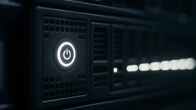 AI power crunch data center build fingertip pressing glowing power button server rack hardware startup room conveying control and data center power