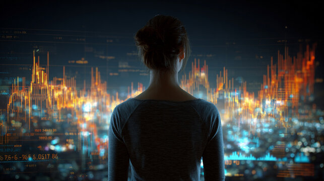 Back view of a woman analyzing a holographic stock market graph, glowing data visualizations, and futuristic interface representing finance, technology, and analytics.