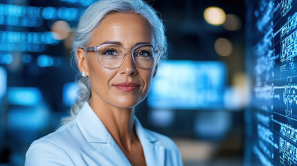Mature female scientist lab coat with glasses analyzing digital data display, confident