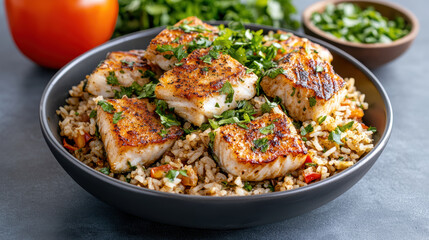 Fototapeta premium Grilled fish fillet on seasoned rice with herbs and vegetables, warm and appetizing