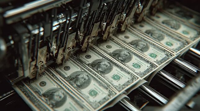 American Money Manufacturing in a Machine, One Dollar Bills Being Produced on an Assembly Line
