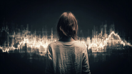 Back view of a woman analyzing a holographic stock market graph, glowing data visualizations, and futuristic interface representing finance, technology, and analytics.