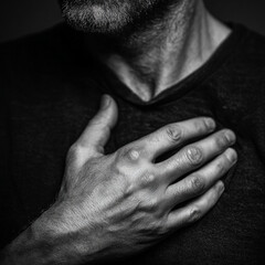 Fototapeta premium A person places a hand over their chest, expressing a sincere, heartfelt emotion—symbolizing gratitude, compassion, or deep personal connection.