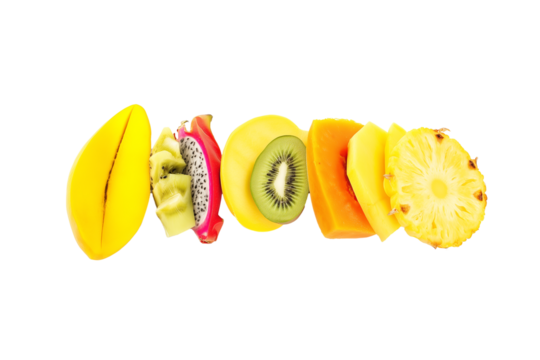 Vertical display of tropical fruit slices on transparent background