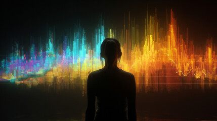 Back view of a woman analyzing a holographic stock market graph, glowing data visualizations, and futuristic interface representing finance, technology, and analytics.