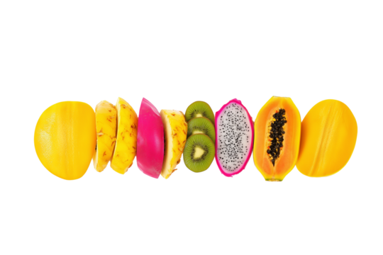 Vibrant tropical fruits in a linear arrangement on transparent background
