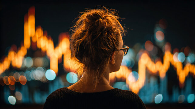 Back view of a woman analyzing a holographic stock market graph, glowing data visualizations, and futuristic interface representing finance, technology, and analytics.