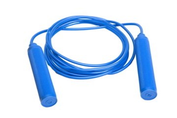 Bright blue jump rope with textured handles on transparent background