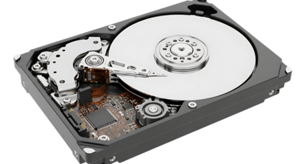 A close up shot of an opened hard drive showing the internal components and the shiny silver disk inside on transparent background