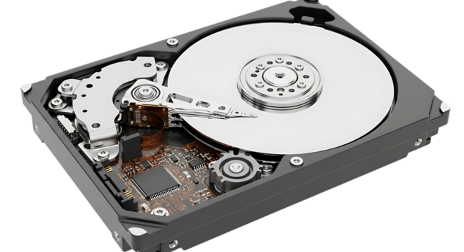 A close up shot of an opened hard drive showing the internal components and the shiny silver disk inside on transparent background