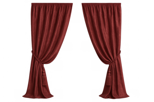Red velvet theater curtains with matching pullbacks and tassels, showing luxury and elegance, on a transparent background