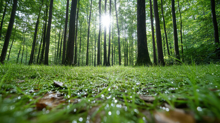 Fototapeta premium Morning dew forest floor sunbeam peaceful cinematic