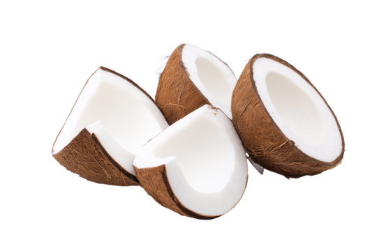 Four coconut halves arranged in a circular pattern on transparent background