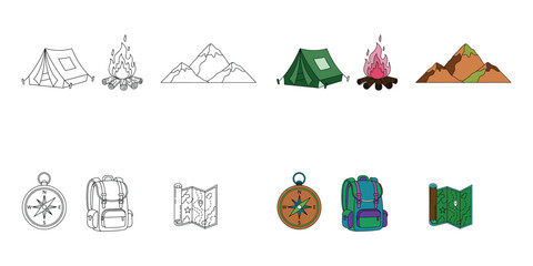 Fototapeta premium Camping and hiking icons including tents mountains compass backpack and map campfire