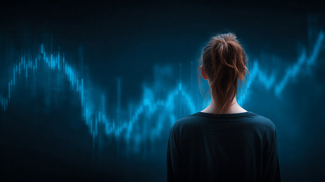 Back view of a woman analyzing a holographic stock market graph, glowing data visualizations, and futuristic interface representing finance, technology, and analytics.
