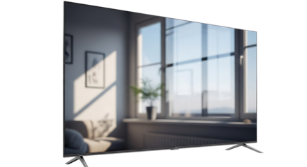 A television displaying a bright living room with a window and sofa on a black background on transparent background