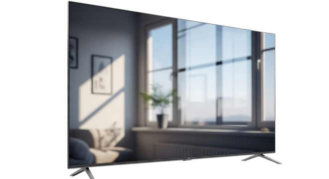 A television displaying a bright living room with a window and sofa on a black background on transparent background