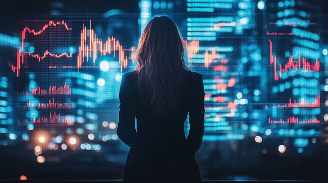 Back view of a woman analyzing a holographic stock market graph, glowing data visualizations, and futuristic interface representing finance, technology, and analytics. - Powered by Adobe