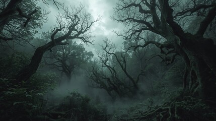 spooky forest with fog