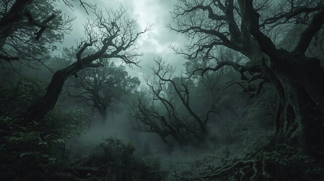 spooky forest with fog