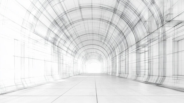 A minimal wireframe tunnel extending into deep perspective, clean geometric lines forming a futuristic corridor with subtle glow and strong sense of depth.
