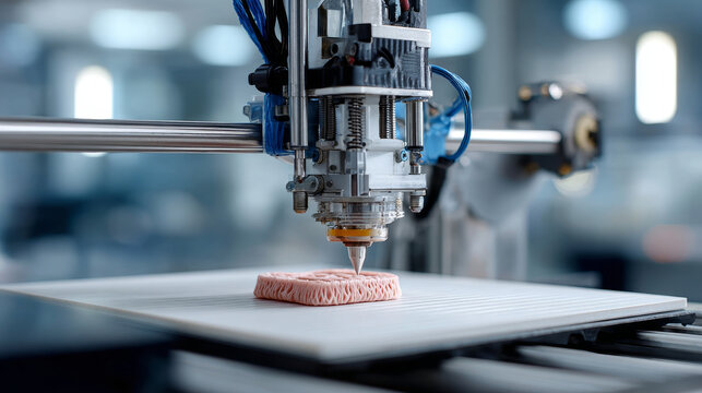 Synthetic Biology concept , printer printhead synthetic skin biomedical laboratory closeup precision nozzle filament