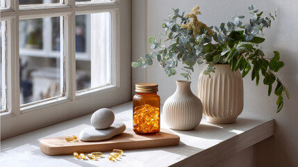 Amber supplement capsule glass jar wooden board sunny window natural light eucalyptus ceramic vase cozy calm