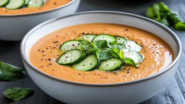 Chilled gazpacho soup with cucumber slices and basil garnish, savory and refreshing - Powered by Adobe