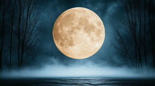 Golden moon foggy night forest lake tranquil mood