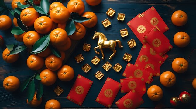 Chinese New Year 2026 Celebration Still Life with Gold Horse, Red Envelopes, and Lucky Oranges – Year of the Fire Horse