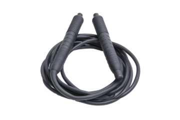 Black jump rope with textured handles on transparent background