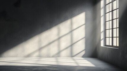 Fototapeta premium Empty room with large window casting soft light and shadow on gray wall and floor, creating calm and minimalist atmosphere with natural illumination