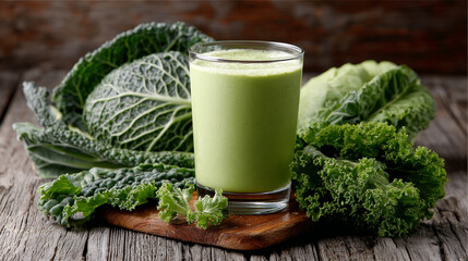 Green smoothie leafy green kale cabbage rustic wood glass healthy fresh blend with calm mood