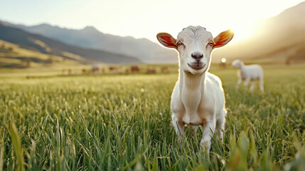 Fototapeta premium Young goat grazing in sunlit meadow with distant lamb and mountain backdrop