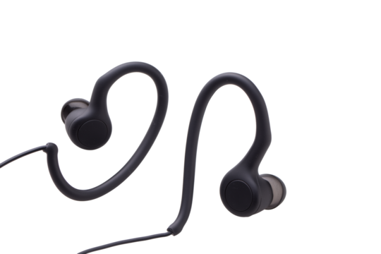Pair of black wireless earphones with ergonomic design and transparent background