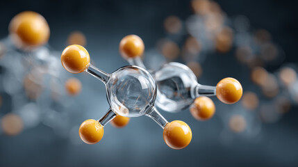 Holographic projection of vitamin D molecule shines lab scene, glass spheres and orange atoms connect, futuristic science mood