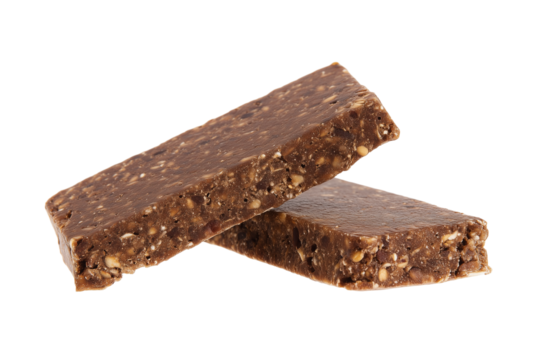 Two granola bars with nuts and seeds on transparent background